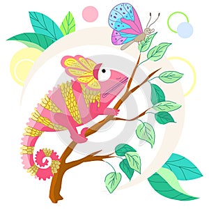 Vector cartoon chameleon on a branch with a butterfly on a white background. Hand-drawn creative chameleon. Chameleon print for t-