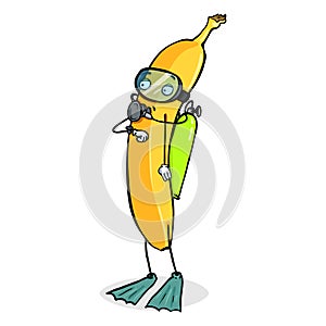 Vector Cartoon Character - Banana Diver with Mask and Aqualung