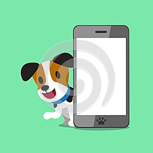 Vector cartoon character jack russell terrier dog and smartphone
