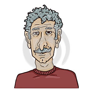 Vector Cartoon Character - Old Man with Curly Gray Hair and Moustache