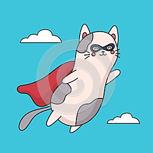 Vector cartoon character super cat flying on sky. Doodle funny cat in suit superhero in blue background. Cat power print