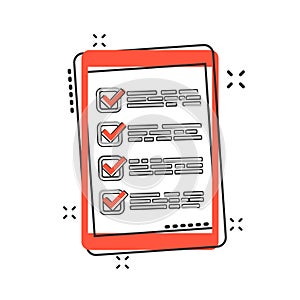 Vector cartoon checklist with tablet icon in comic style. Checklist, task list sign illustration pictogram. To do list business s