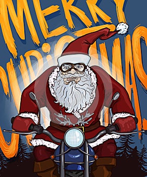 Vector Cartoon Christmas Postcard - Santa Claus on Motorcycle