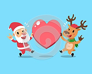 Vector cartoon christmas santa claus and reindeer with big heart sign