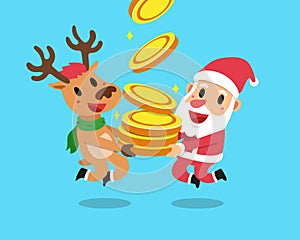 Vector cartoon christmas santa claus and reindeer with big money coins stack