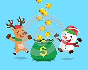 Vector cartoon christmas snowman and reindeer earning money