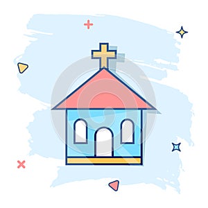 Vector cartoon church sanctuary icon in comic style. Chapel sign illustration pictogram. Church business splash effect concept