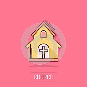 Vector cartoon church sanctuary icon in comic style. Chapel sign illustration pictogram. Church business splash effect concept