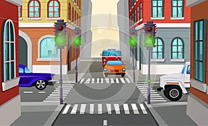 Vector cartoon city crossroad with traffic lights