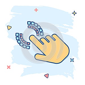 Vector cartoon click hand icon in comic style. Cursor finger sign illustration pictogram. Pointer business splash effect concept