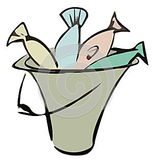 Vector cartoon clipart Fish in a bucket. Fish tails in a bucket