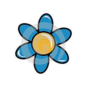 Vector cartoon clipart in groovy retro style with blye flower. Single isolated image on a white background.