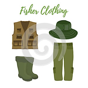 Vector cartoon clothing for fishing, hunting. Boots, waders, vest and hat