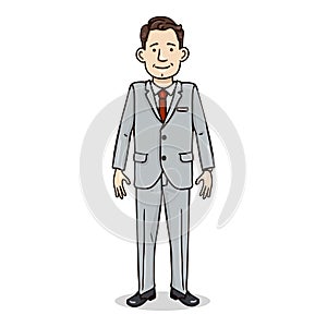 Vector Cartoon Color Character - Business Man in Gray Suit and Red Necktie