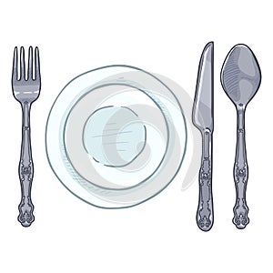 Vector Cartoon Color Dining Set - Vintage Silver Fork, Knife, Spoon and Porcelain Plates