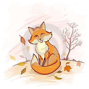 Vector Cartoon Color Illustration - Cute Fox Sitting on Autumn Forest Background