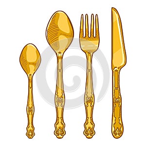Vector Cartoon Color Set of Golden Cutlery. Knife, Fork, Spoon, Tea-spoon