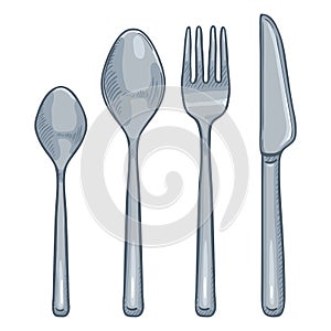 Vector Cartoon Color Set of Steel Cutlery. Knife, Fork, Spoon, Tea-spoon