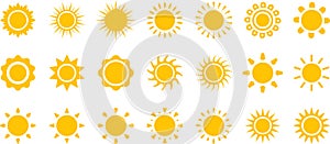 Vector cartoon, comic yellow sun Shining light rays heat the summer. Isolated on white background.