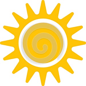 Vector cartoon, comic yellow sun Shining light rays heat the summer. Isolated on white background.