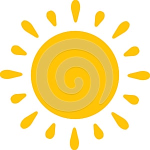 Vector cartoon, comic yellow sun Shining light rays heat the summer. Isolated on white background.