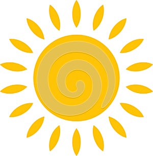 Vector cartoon, comic yellow sun Shining light rays heat the summer. Isolated on white background.