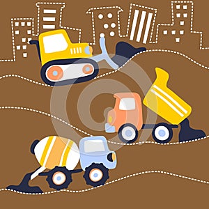 Vector cartoon of construction vehicles