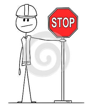 Vector Cartoon of Construction Worker Holding Red Stop Road Sign