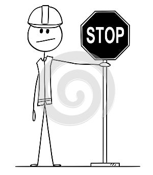 Vector Cartoon of Construction Worker Holding Stop Road Sign
