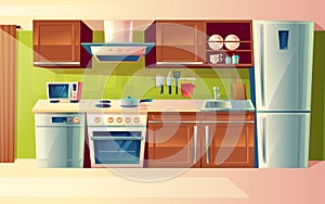 Vector cartoon set of kitchen counter with appliances. Cupboard, furniture. Household objects, cooking room interior.