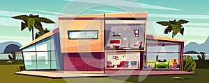 Vector cartoon cottage, detached house cross section photo