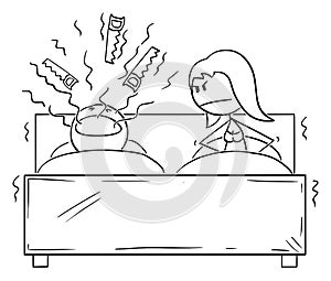 Vector Cartoon of Couple in Bed and Man Snoring, Woman Can`t Sleep