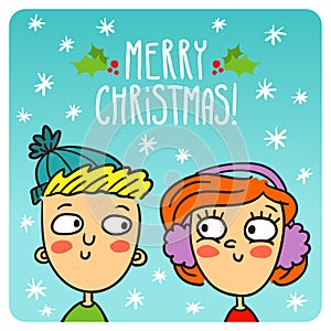 Vector cartoon couple, Christmas greeting card design