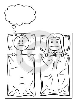 Vector Cartoon of Couple Lying in Bed, Woman is Sleeping, Man is Thinking About Problem or Suffering Insomnia