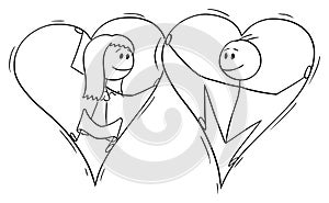 Vector Cartoon of Couple of Man and Woman in Love Trapped Together Inside of Big Hearts