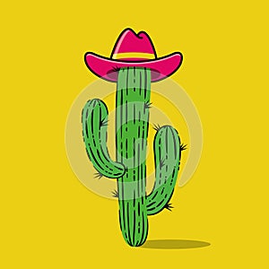 Vector cartoon cowboy cactus plant with hat