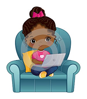 Vector Cartoon Cute African American Girl with Laptop