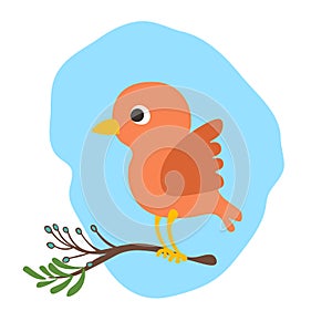 Vector cartoon cute bird illustration wit banch of tree. Baby bird, cartooning style. Red cute bird illustration