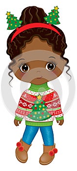 Vector Cartoon Cute Black Girl in Christmas Sweater