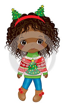 Vector Cartoon Cute Black Girl in Christmas Sweater