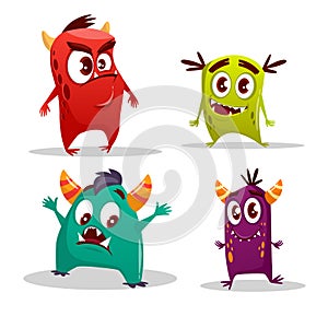 Vector cartoon cute cheerful monster set.