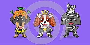 Vector cartoon cute dogs with halloween costumes