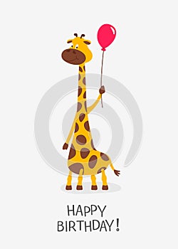 Vector Cartoon Cute Funny Giraffe, Baby Greeting Card. Happy Birhday. Full Length Giraffe with Ball, Design Template for