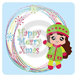 Vector cartoon cute girl on snowflakes frame