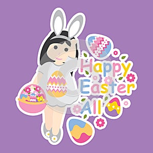 Vector cartoon of cute girl wear bunny custom and colorful egg