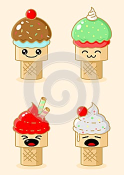 Vector cartoon cute ice cream cone various flavors