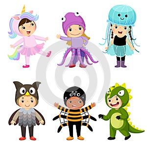 Vector cartoon of cute kids in animal costumes set. Carnival clothes for children. photo