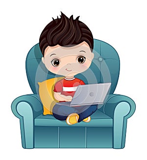 Vector Cartoon Cute Little Boy with Laptop