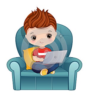 Vector Cartoon Cute Little Boy with Laptop