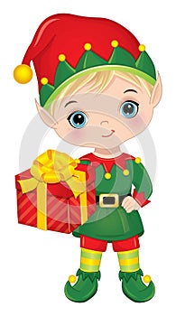 Vector Cartoon Cute Little Elf Boy with Gift Box